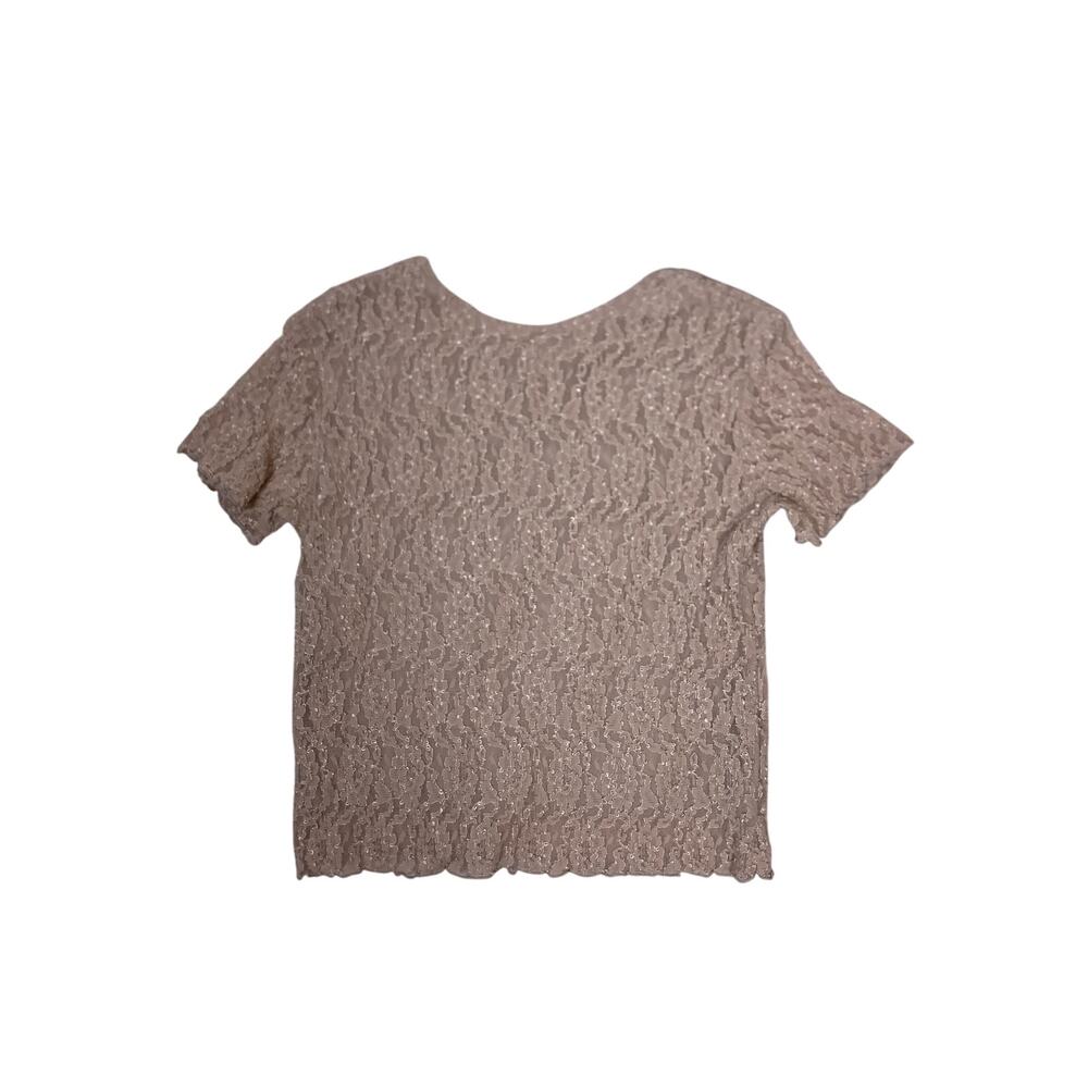 VTG Women’s XL Cropped Lace Sheer Top Tan Mesh Short Sleeve Boho Romantic Blouse - Picture 3 of 4